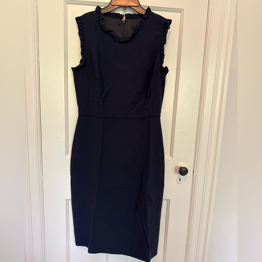 J. Crew Navy Ruffle-Trim Midi Sheath Dress